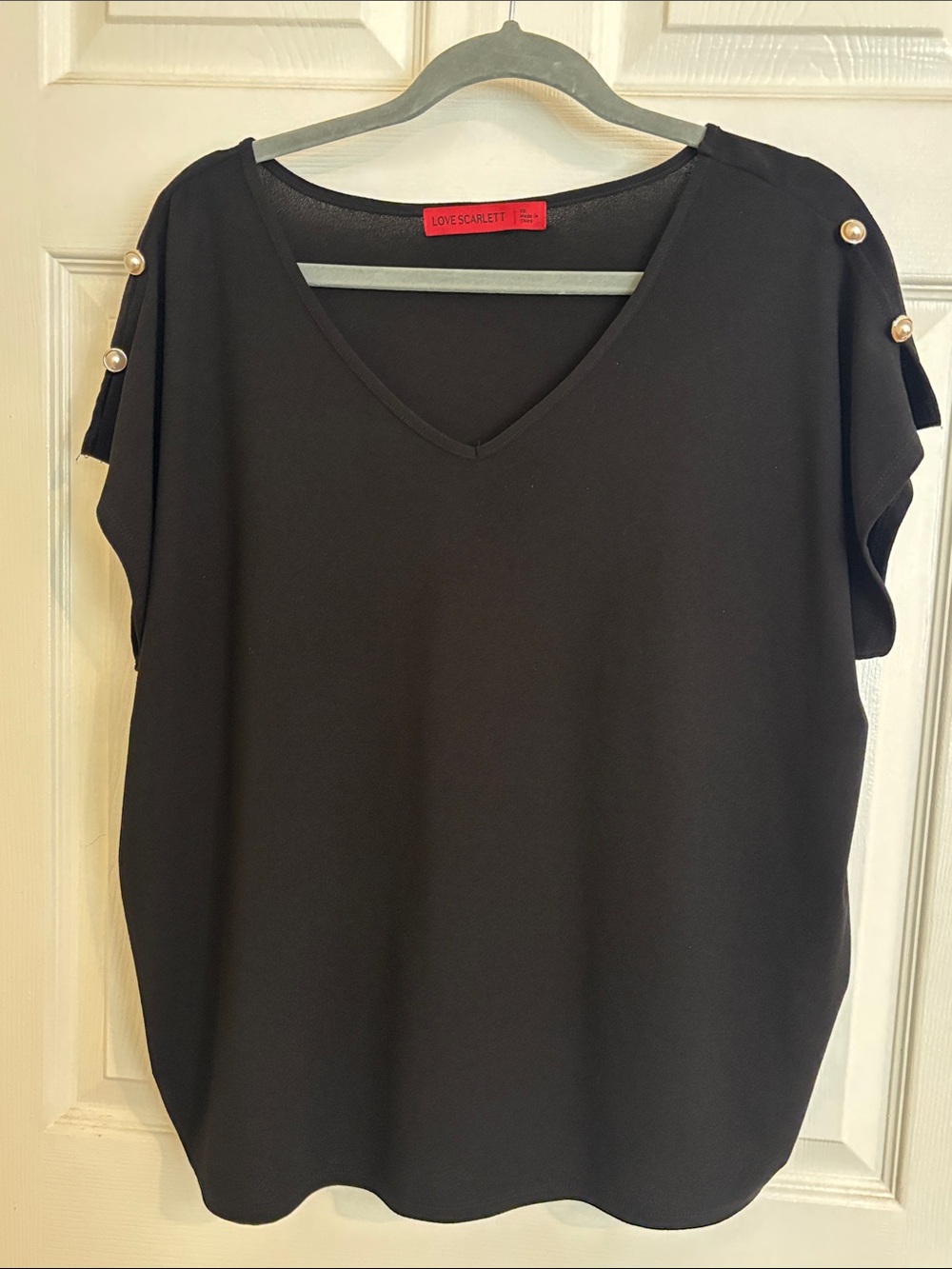 Love Scarlett Black V-Neck Blouse with Pearl-Button Short Sleeves